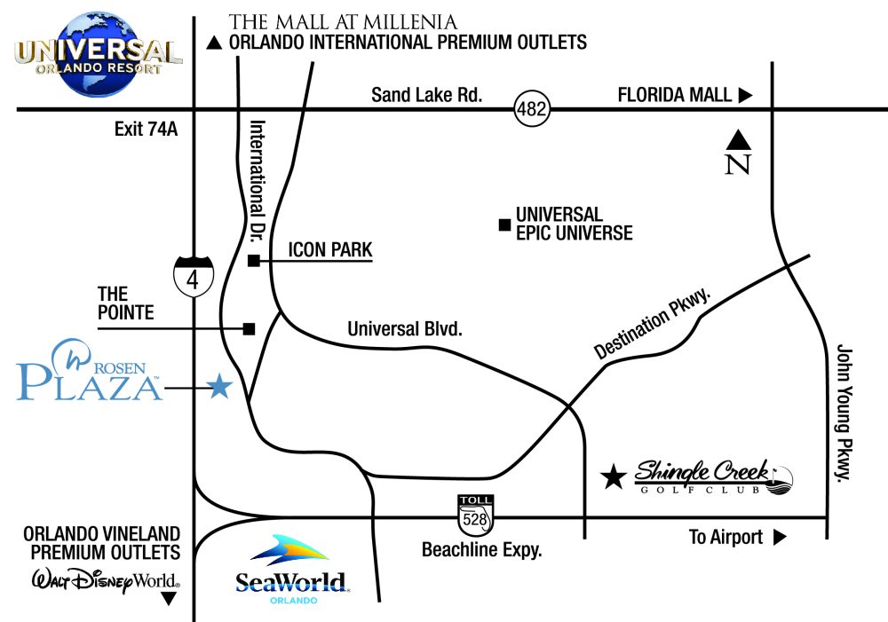 Map of Orlando Tourist area with Rosen Hotels Properties