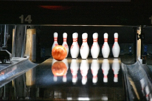 Bowling balls at Kings Entertainment bowling alley.
